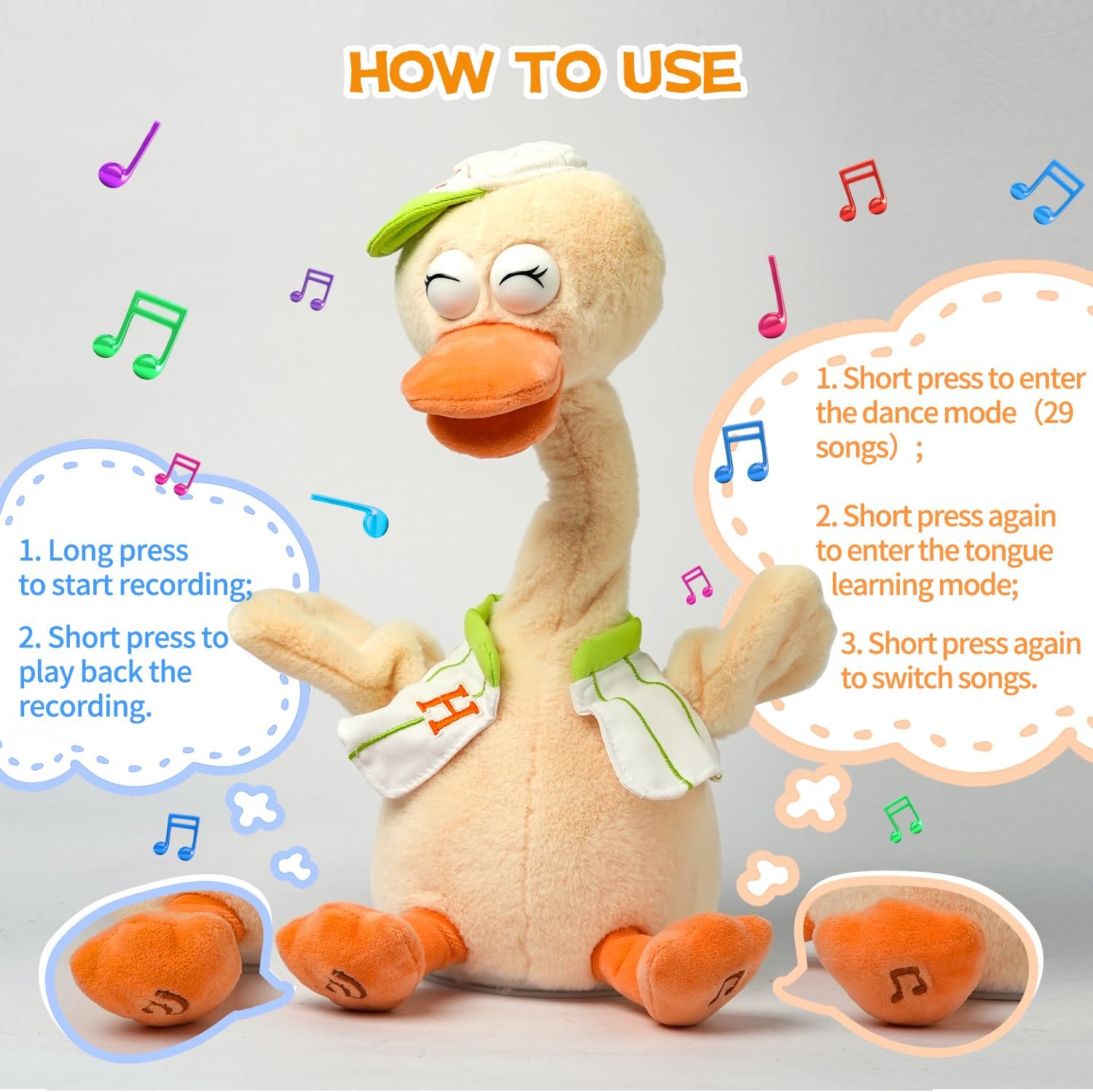 Talking Dancing Duck Toy Mimicking Recording Plush & Interactive Toy, Repeating What You Say, Neck