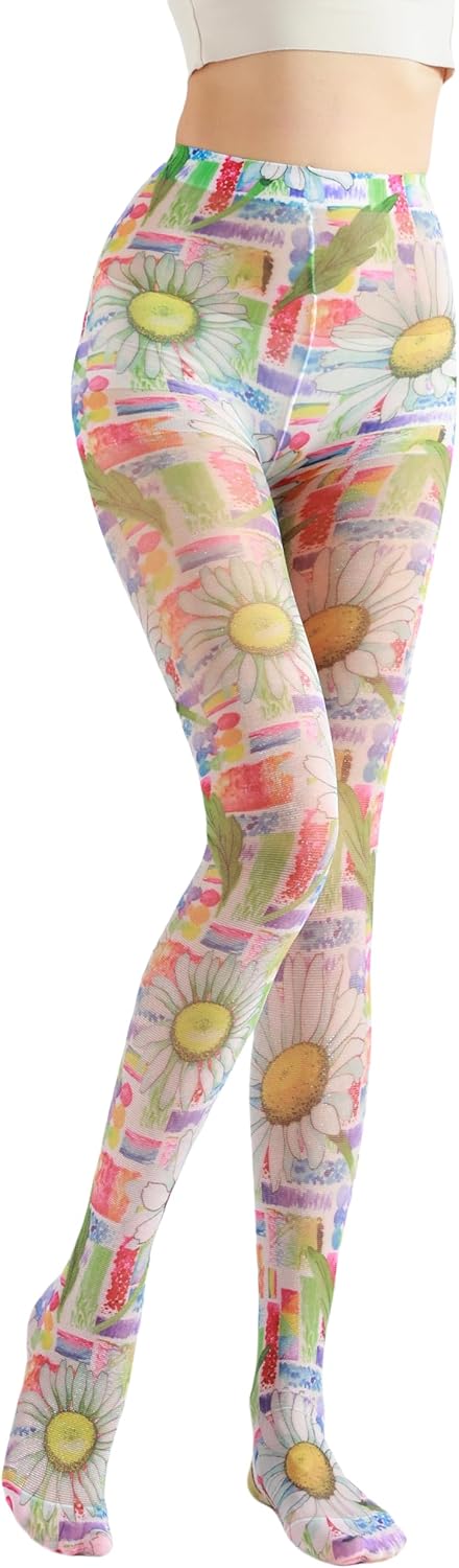 Sahabowi Women's Sheer Fashion Digital Print Fashions Stockings Metallic Silver Tights 1