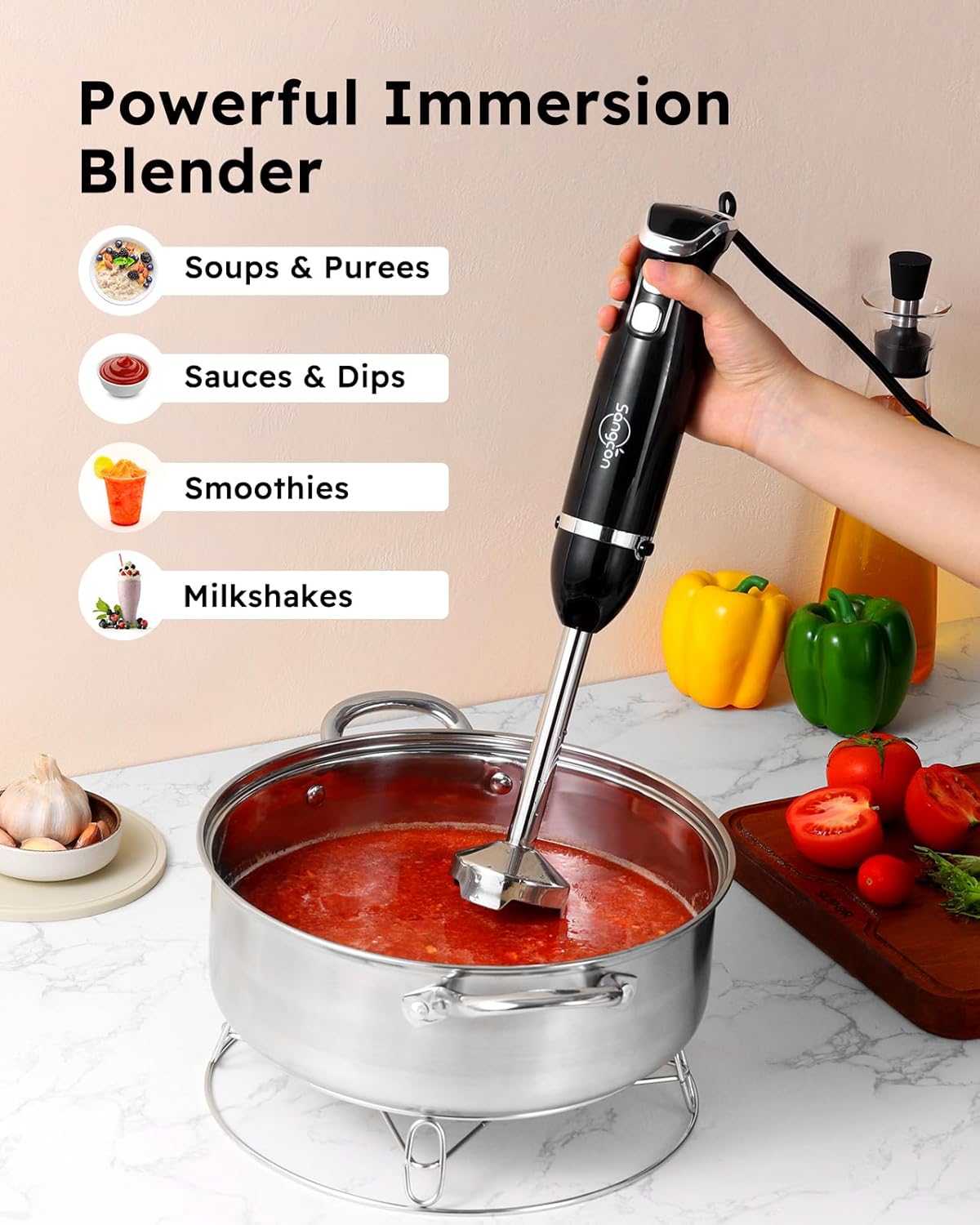 Sangcon Immersion Blender Handheld, 3-in-1 Hand Blender Electric, 400W Handheld Blender, Stainless