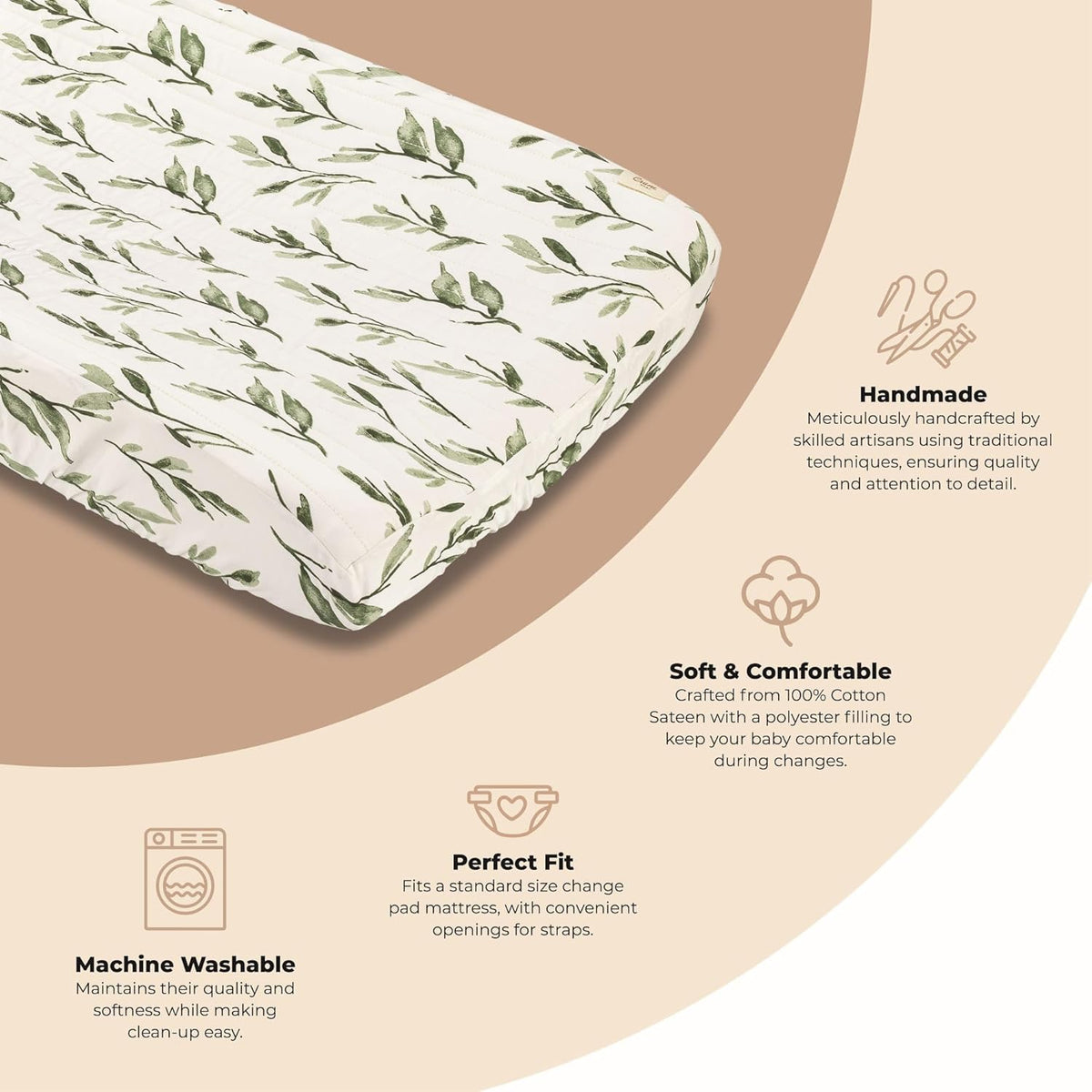 Crane Baby Green Leaf, Quilted Changing Pad Cover, 100% Cotton Sateen, 16in X 32in, Fitted with