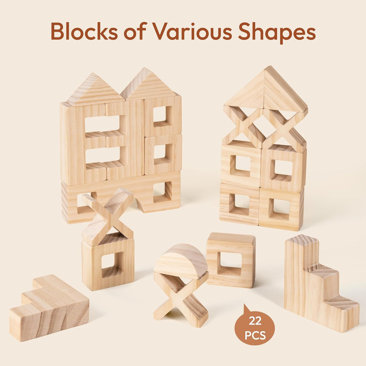 Wooden Rainbow Building Blocks Set for Kids, 22 PCS Wooden Blocks & 25 PCS Gem Cubes Stacking