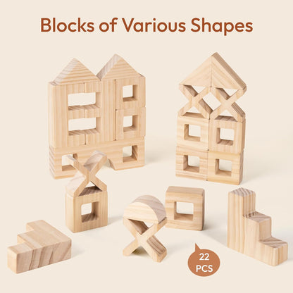 Wooden Rainbow Building Blocks Set for Kids, 22 PCS Wooden Blocks & 25 PCS Gem Cubes Stacking