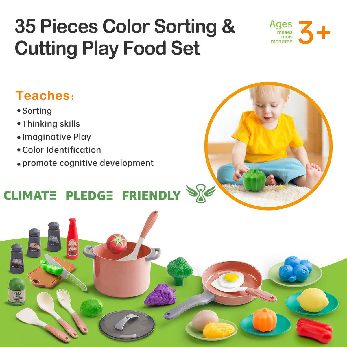 35Pcs Kids Kitchen Toy Accessories, Toddler Pretend Cooking Playset with Play Pots, Pans, Utensils