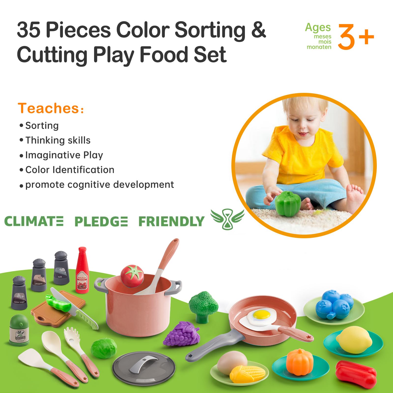 35Pcs Kids Kitchen Toy Accessories, Toddler Pretend Cooking Playset with Play Pots, Pans, Utensils