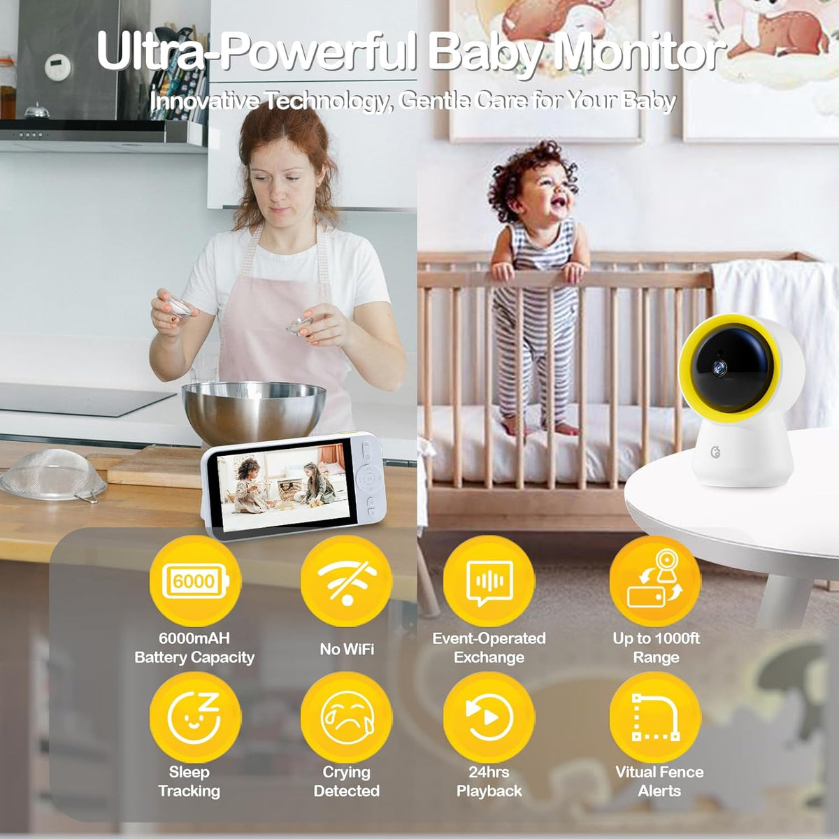 Ellie Baby Monitor No WiFi, Baby Monitor with Camera and Audio, 5" IPS 1080P with Wall Mount