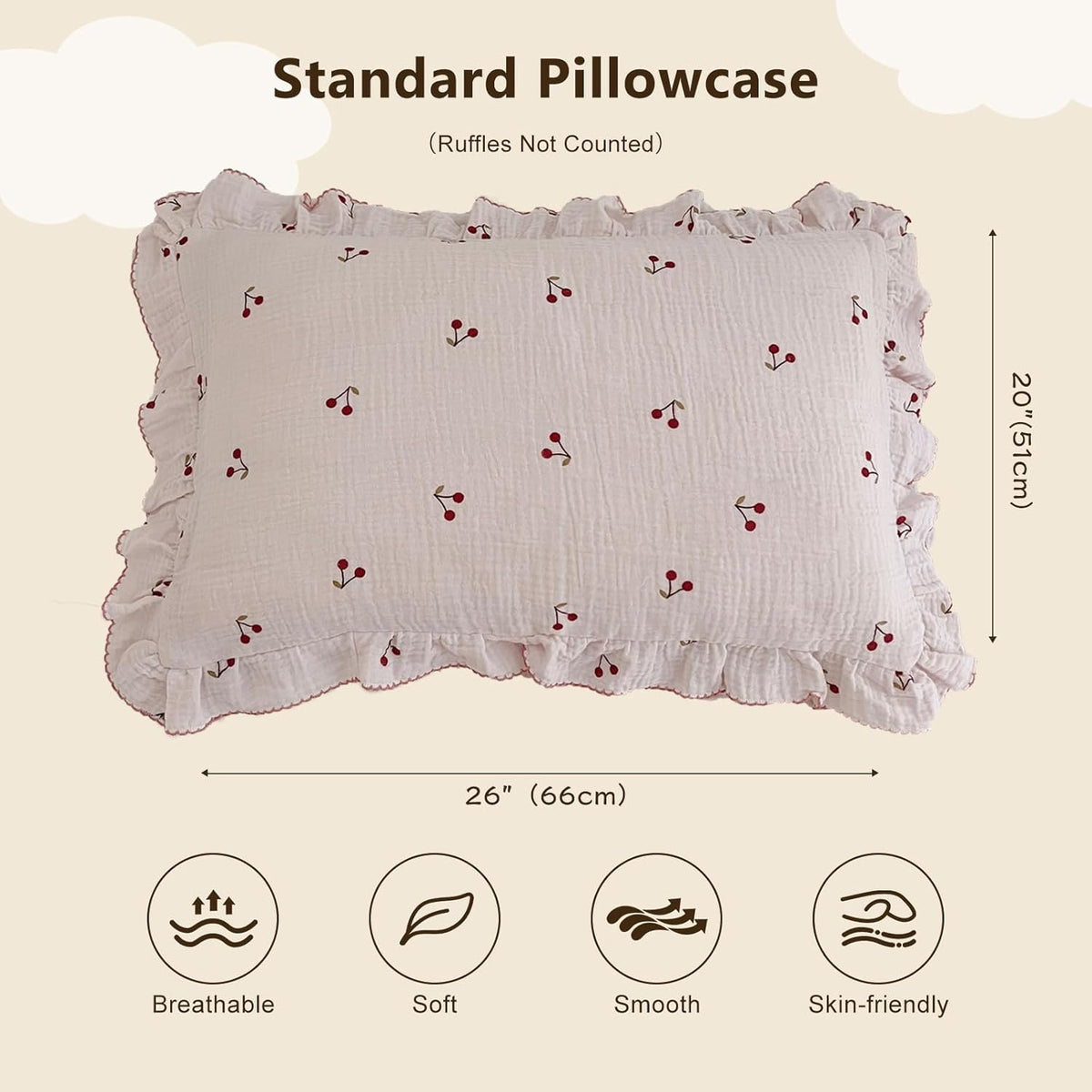 BuLuTu Cotton Muslin Ruffle Edge Kids Toddler Pillowcase Standard,Cherry Pattern Soft Travel Pillow