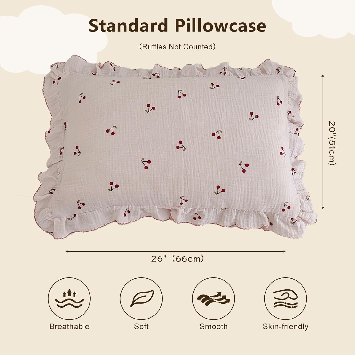 BuLuTu Cotton Muslin Ruffle Edge Kids Toddler Pillowcase Standard,Cherry Pattern Soft Travel Pillow