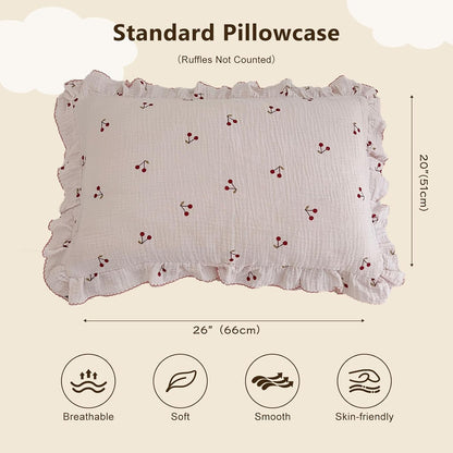 BuLuTu Cotton Muslin Ruffle Edge Kids Toddler Pillowcase Standard,Cherry Pattern Soft Travel Pillow
