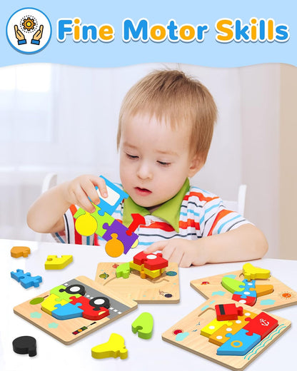Yetonamr Wooden Toddler Puzzles Gifts Toys for 1 2 3 Years Old Boys Girls, 4 Vehicle Shape