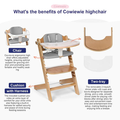 Cowiewie 3-in-1 Convertible Natural Wooden High Chair for Babies & Toddlers 3-Tier Remove & 2