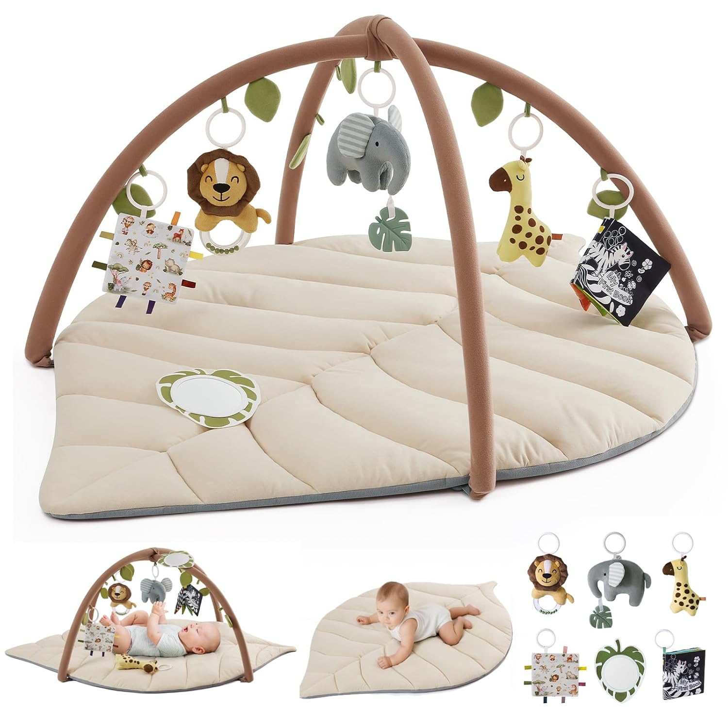 Blissful Diary Baby Play Gym & Activity Mat, Leaf Shaped Baby Tummy Time Play Mat with 6 Detachable