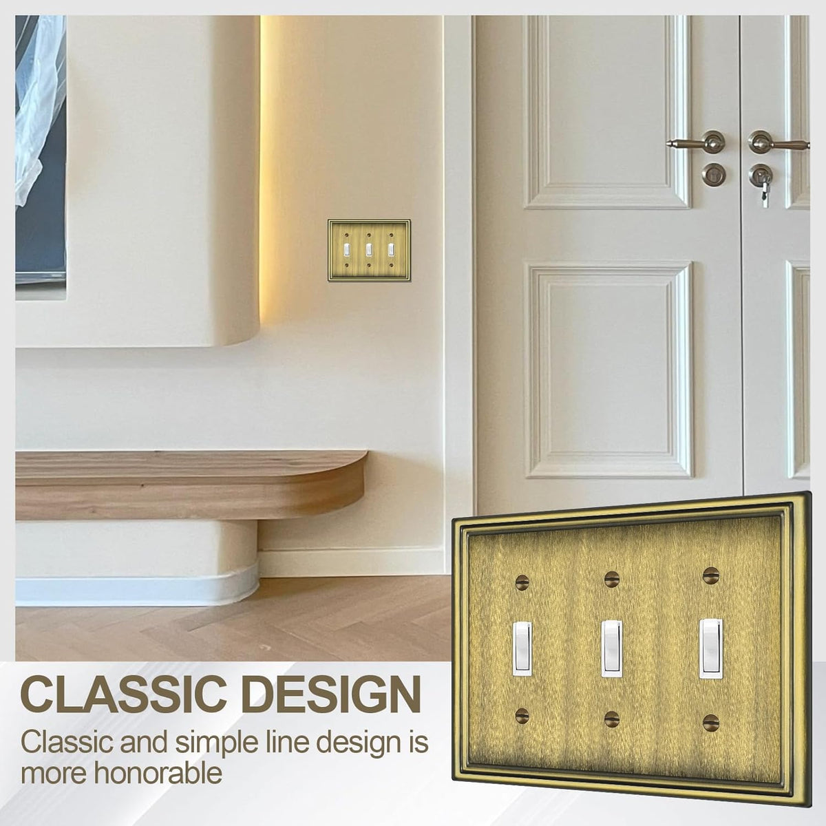 2 Pack Triple Toggle Light Switch Covers Plate, Antique Brass Metal Material Switch Plate Covers, 3