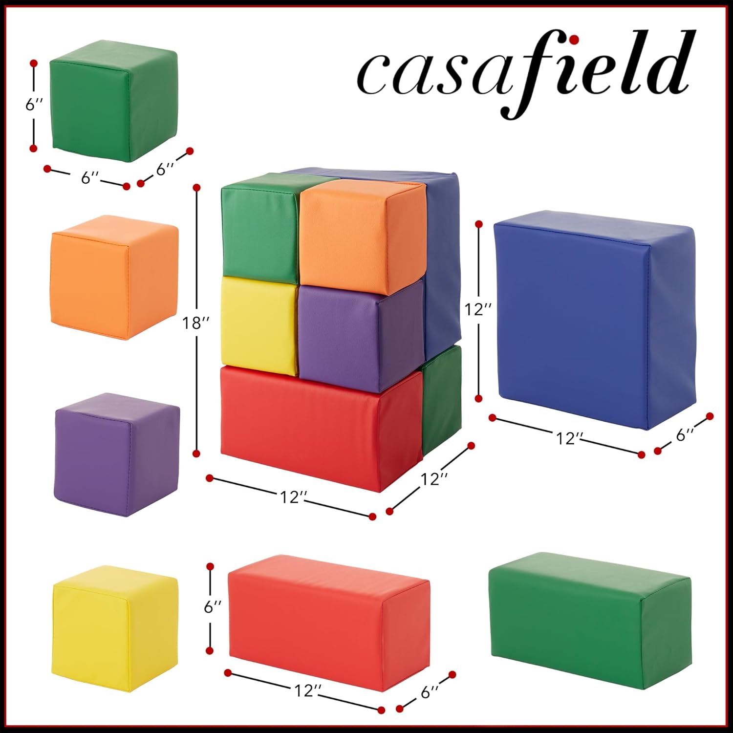 Casafield Large Toddler Foam Building Blocks (7-Piece Set), Soft Play Kids Stacking Cubes, Assorted
