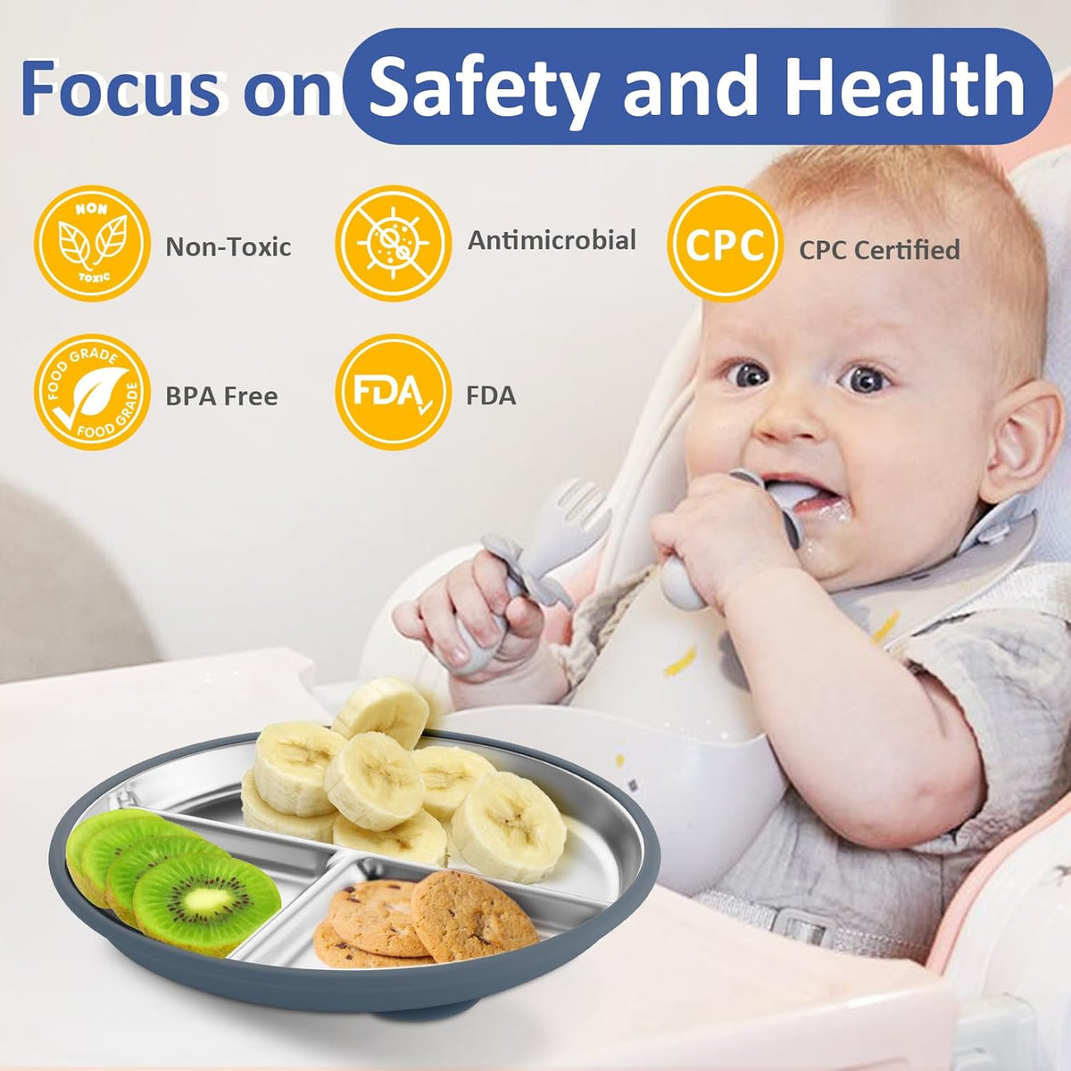 Stainless Steel Suction Plates for Toddlers, 9" Divided Kids Baby Plates with Removable Silicone