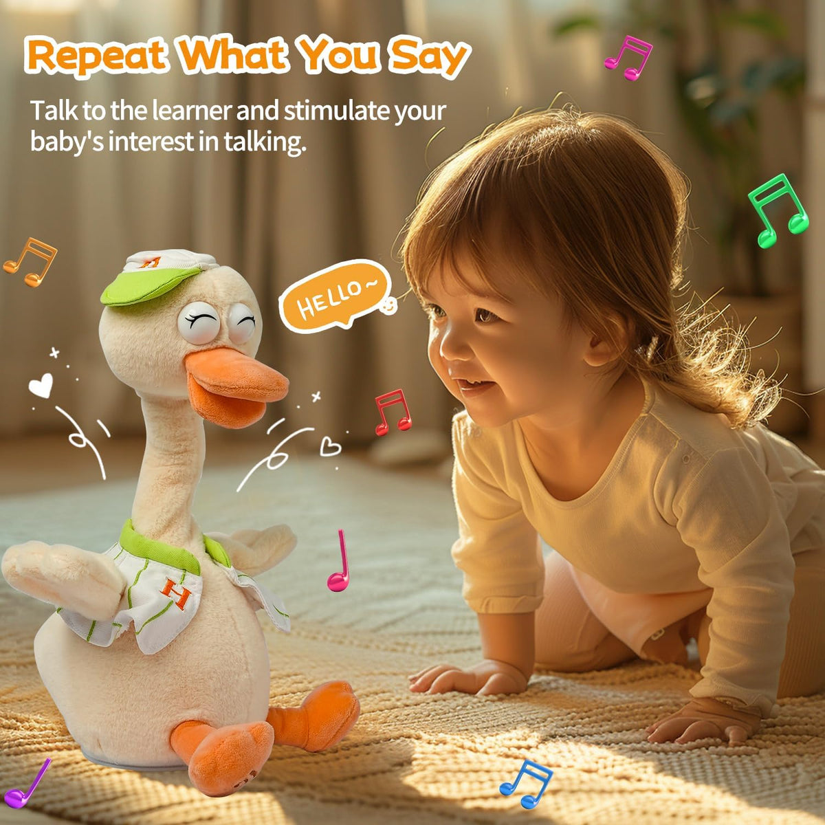 Talking Dancing Duck Toy Mimicking Recording Plush & Interactive Toy, Repeating What You Say, Neck