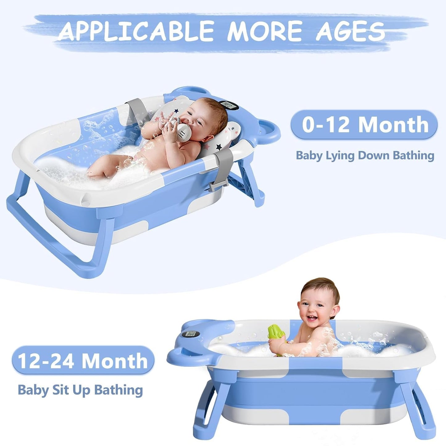 TPN Collapsible Baby Bathtub, Baby Bath Tub with Soft Cushion & Real-Time Thermometer, Baby Bathtub