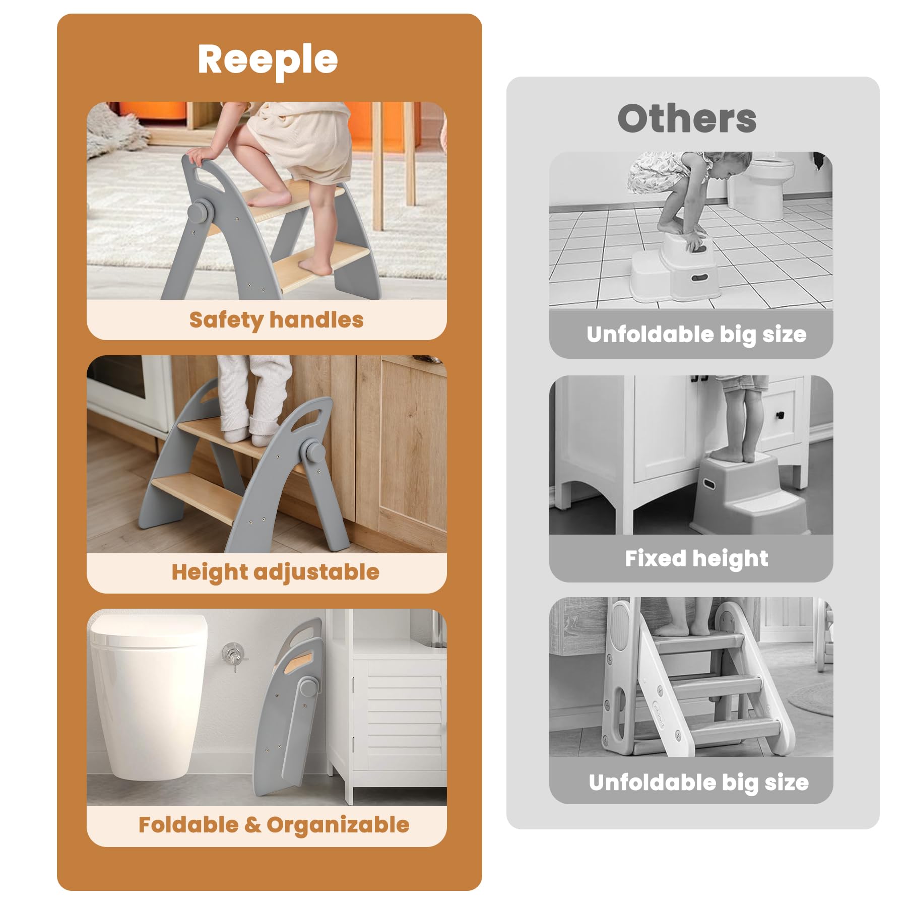 Reeple Wooden 2 Step Stool for Toddlers, Foldable 2-Step with Non-Slip Pads and Handles, Bamboo