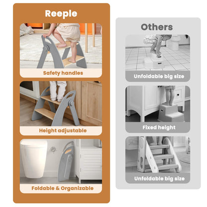 Reeple Wooden 2 Step Stool for Toddlers, Foldable 2-Step with Non-Slip Pads and Handles, Bamboo