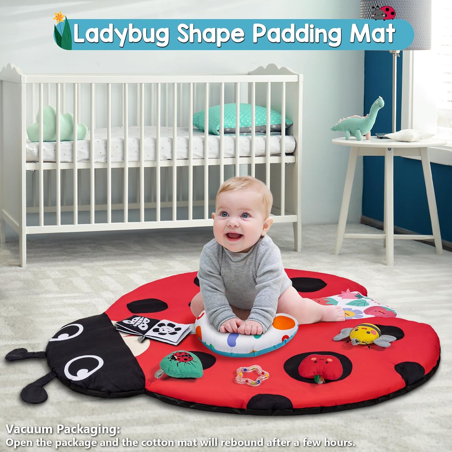 Jyusmile Baby Play Gym Mat, 8-in-1 Tummy Time Mat with 6 Toys, Washable Baby Activity Mat for