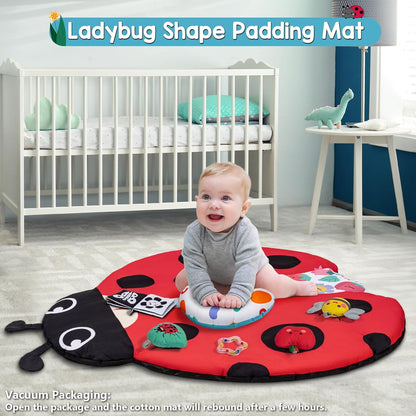 Jyusmile Baby Play Gym Mat, 8-in-1 Tummy Time Mat with 6 Toys, Washable Baby Activity Mat for