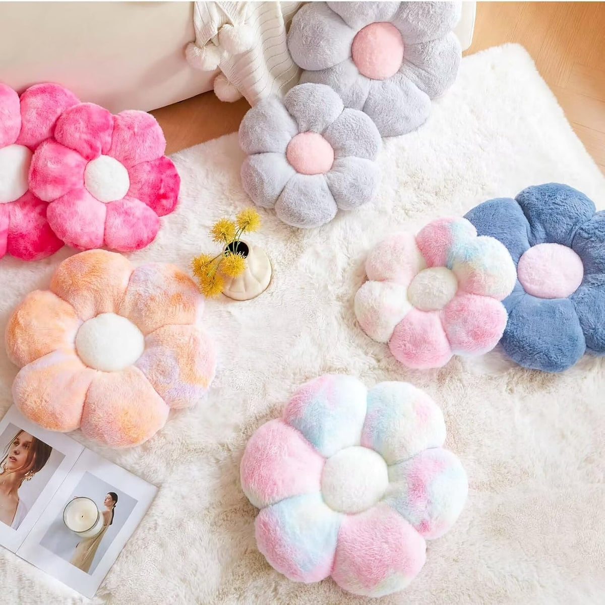 Dusty Blue Flower Shaped Throw Pillow With Faux Rabbit Fur, 19.6" Soft Plush Floor Pillow, Cute