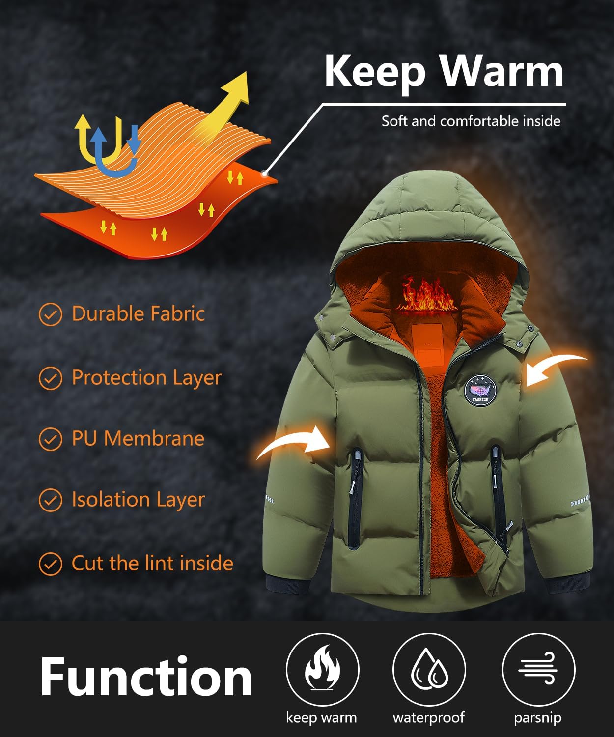 Kids Boy's Winter Coat Fleece Lined Waterproof Jacket Puffy Cotton Coat Thick Hooded Down Outdoor