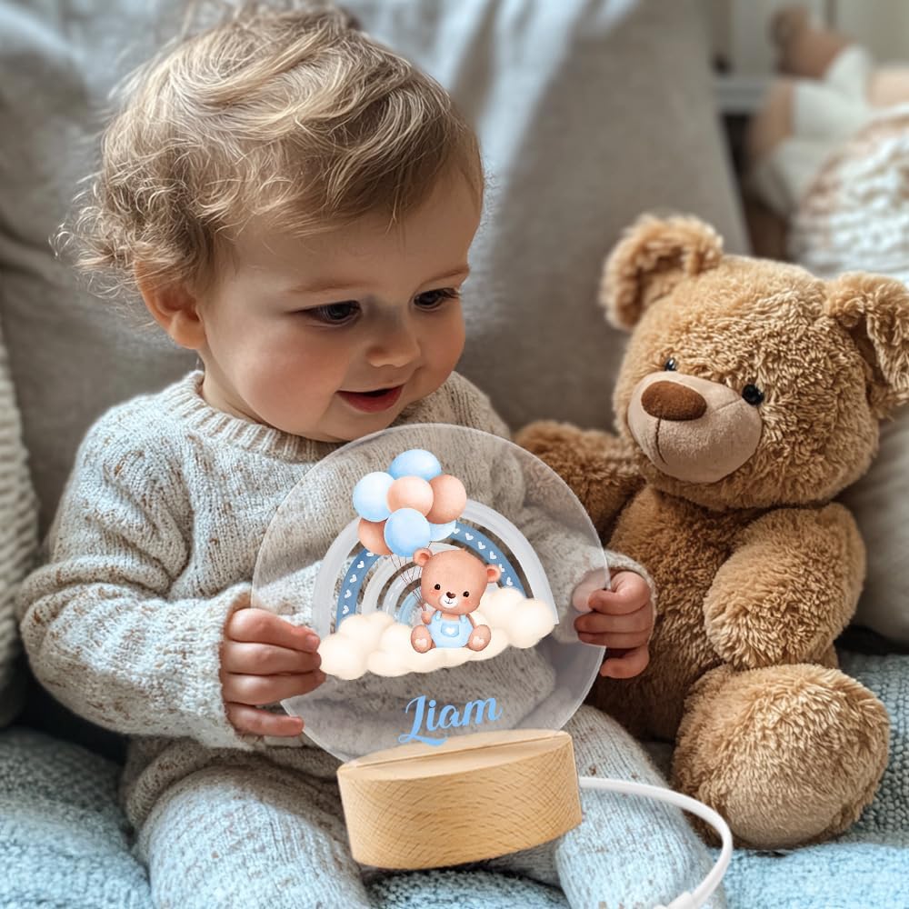 callie Acrylic Night Light Name Plate Personalized, Custom Cute Sleep Bear with Wooden Base Bedroom