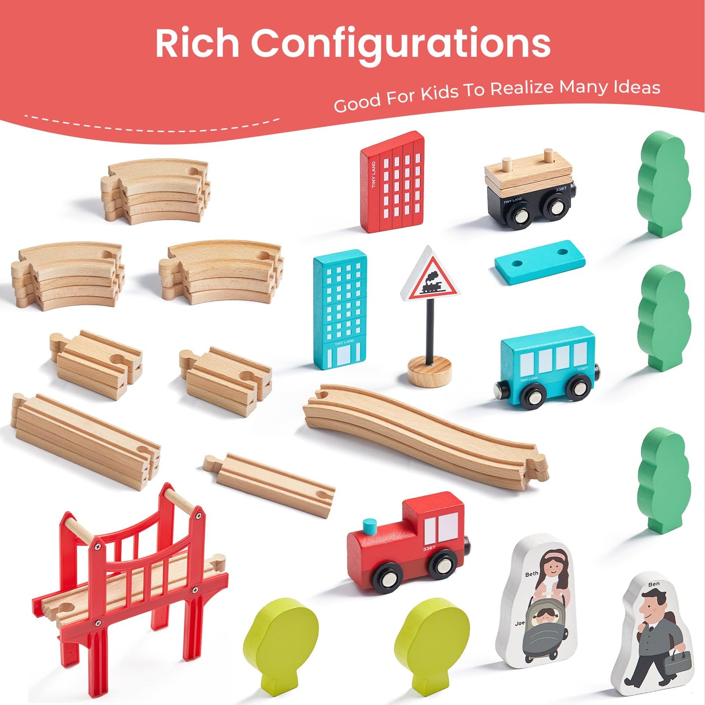 Tiny Land 39 Pcs Wooden Train Set for Toddler with Wooden Tracks