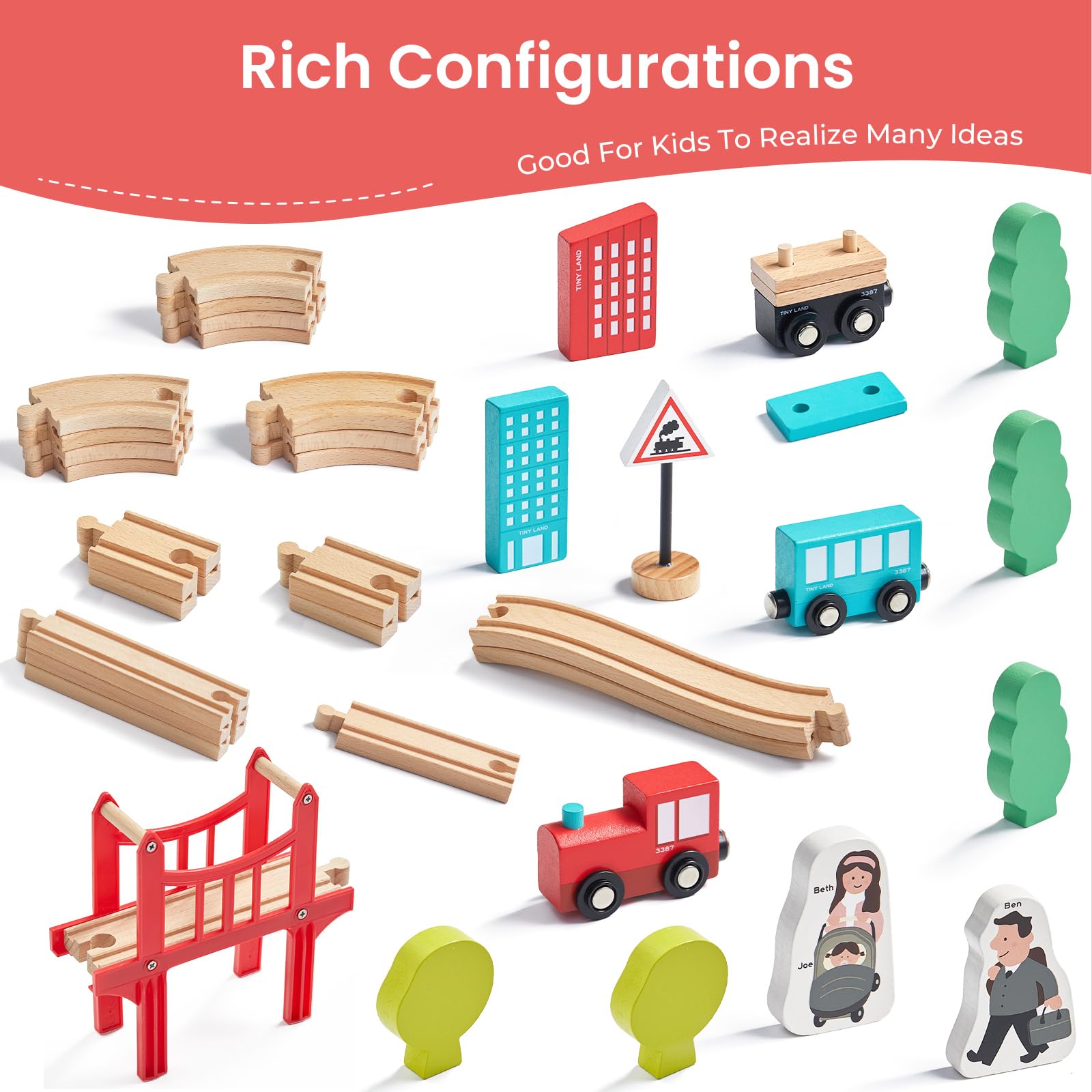 Tiny Land 39 Pcs Wooden Train Set for Toddler with Wooden Tracks