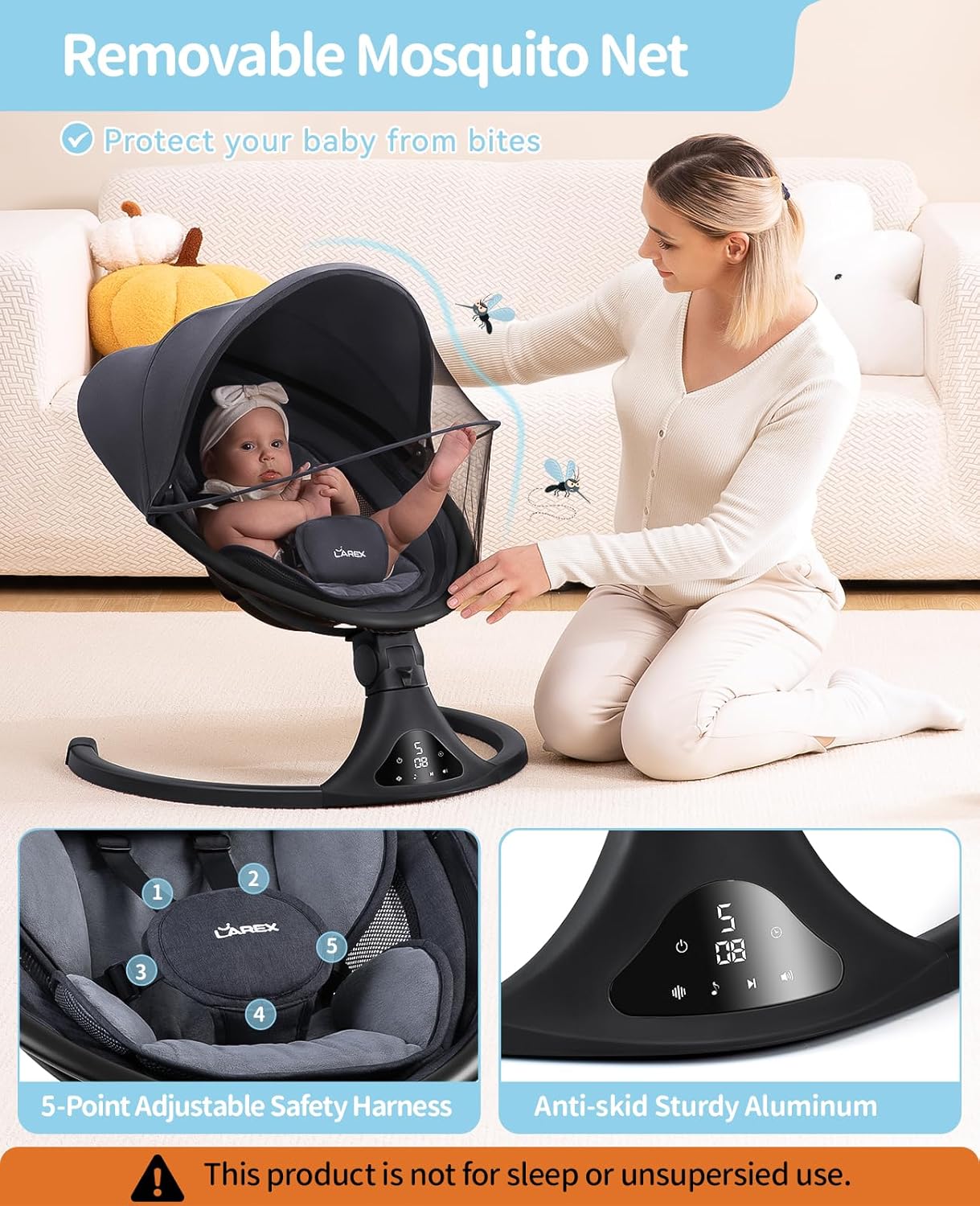 LAREX Baby Swing to Toddler Electric Infant Swing Portable for Newborn Boy Girl, 5 Sway Speeds with