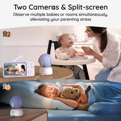 BOIFUN 2K Split-Screen 5 Inch Wi-Fi Baby Monitor with 2 360° Cameras, AI Motion & Sound & Humidity