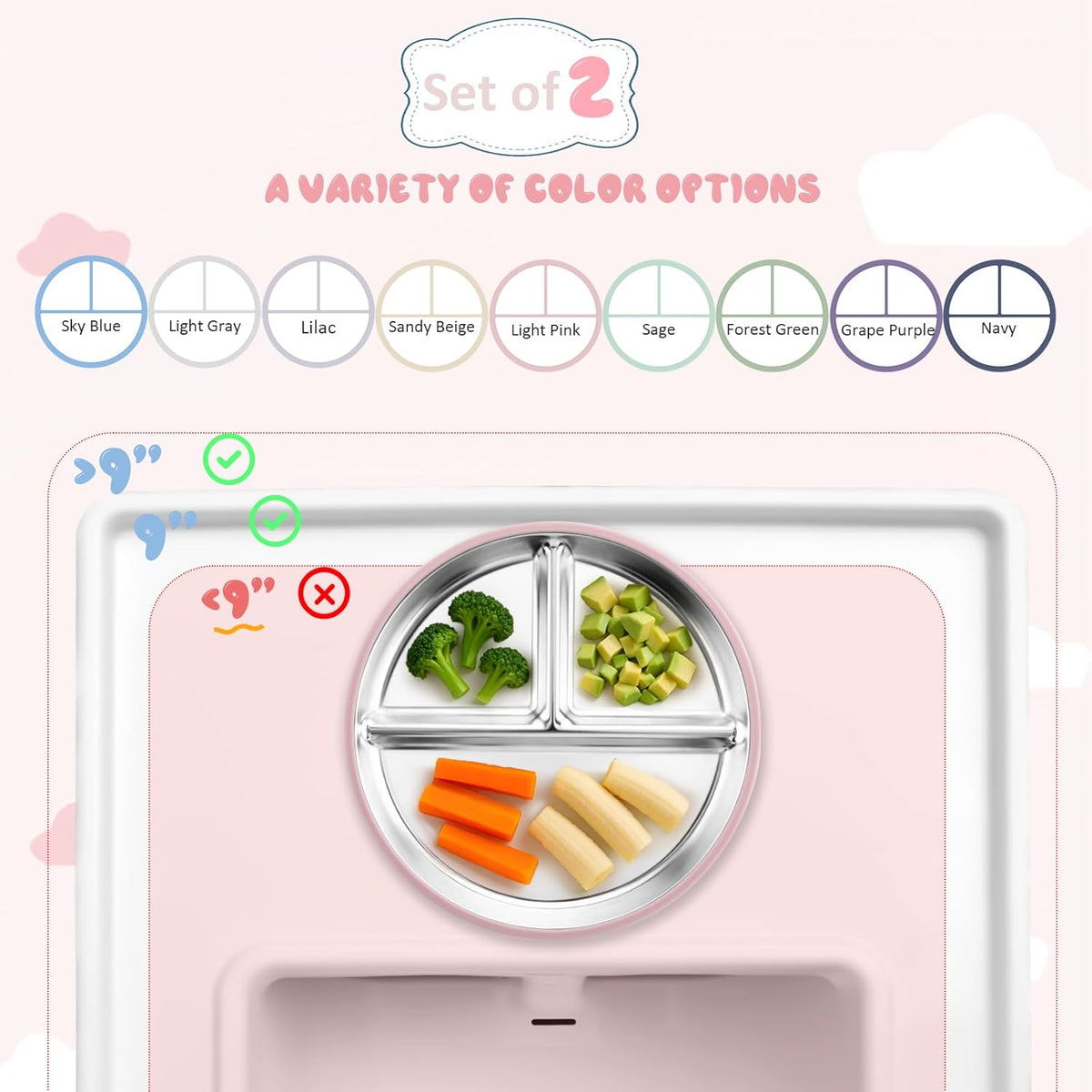 Stainless Steel Baby Plate with Suction, 9” Divided Toddler Plates with Removable Silicone Sleeves