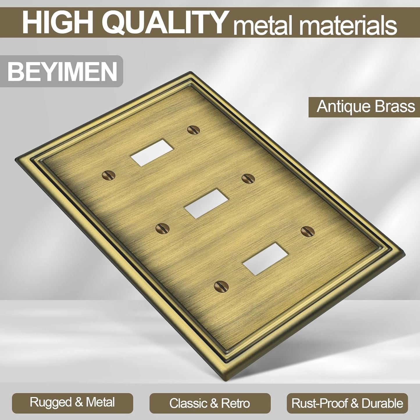 2 Pack Triple Toggle Light Switch Covers Plate, Antique Brass Metal Material Switch Plate Covers, 3