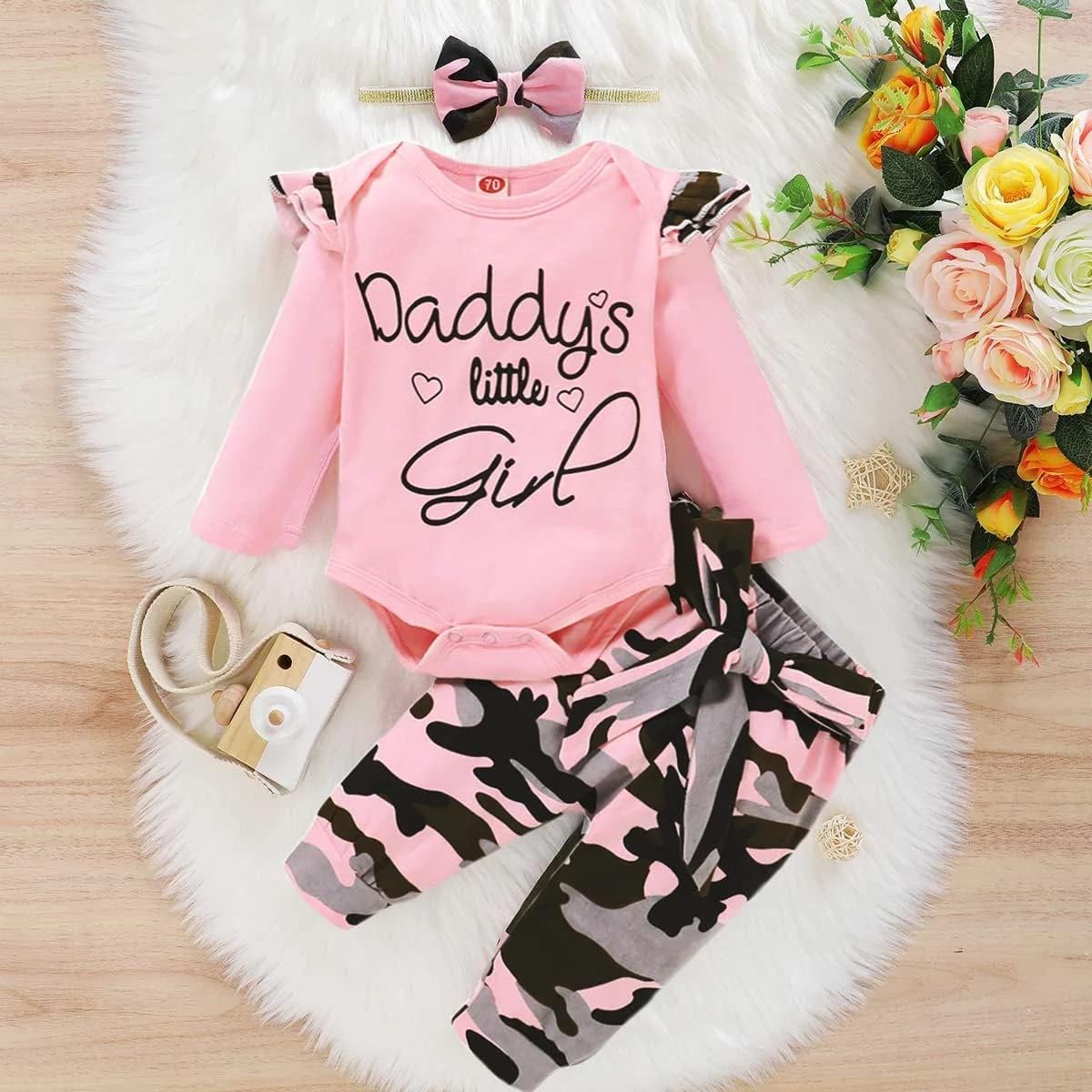 Newborn Baby Girl Clothes, Infant Girl Outfits Long Sleeve Ruffle Romper + Floral Pants + Headband