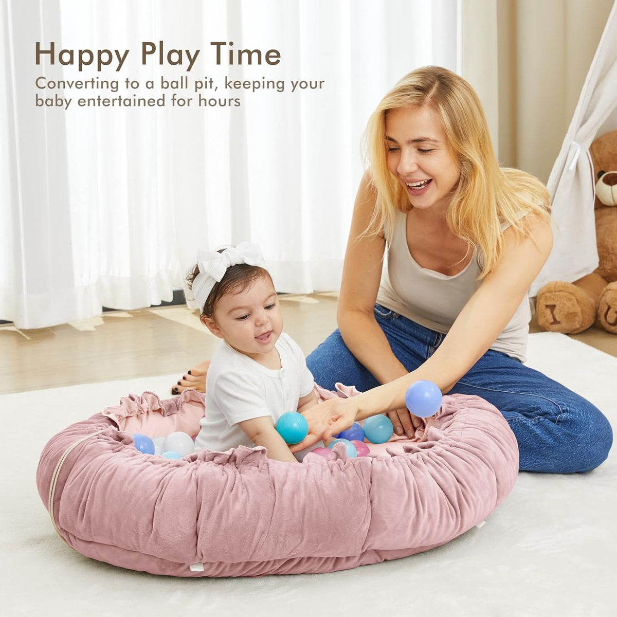 ANGELBLISS 5 in 1 Baby Play Gym Mat, Reversible Tummy Time Mat with 5 Sensory Toys for Stage-Based
