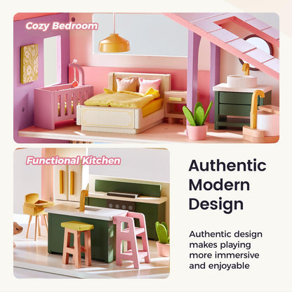 Tiny Land Wooden Doll House, Modern Family Dollhouse with Realistic Design