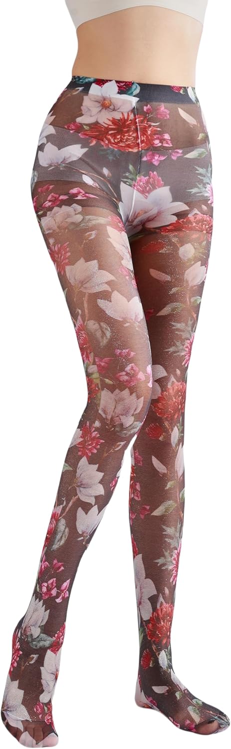 Sahabowi Women's Sheer Fashion Digital Print Fashions Stockings Metallic Silver Tights 1