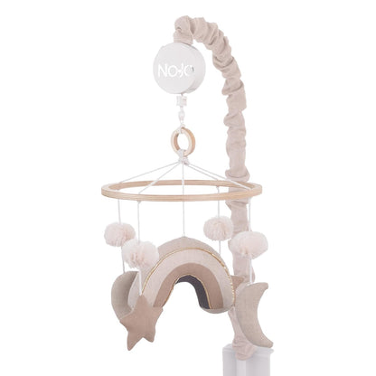 NoJo Rainbow Moon and Stars Pom Pom Ivory, Taupe, and Natural Wood Tones Plush Nursery Musical