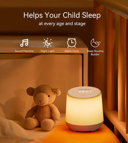 FamiSym White Noise Machine for Baby & Kids, Nursery Night Light & Alarm Clock, Dimmable Clock &