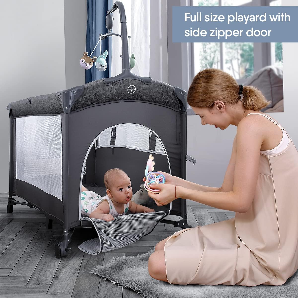 BabyBond Baby Bassinet Bedside Crib, Pack and Play with Sheet, Diaper Changing Table and Music