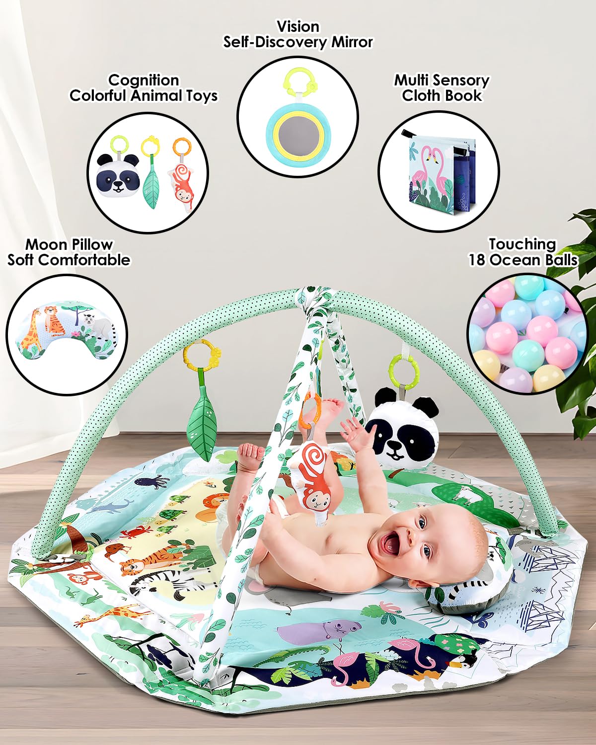 dearlomum 4-in-1 Tummy Time Mat,Baby Activity Play Mat,Newborn Play Baby Mats for Floor with 6