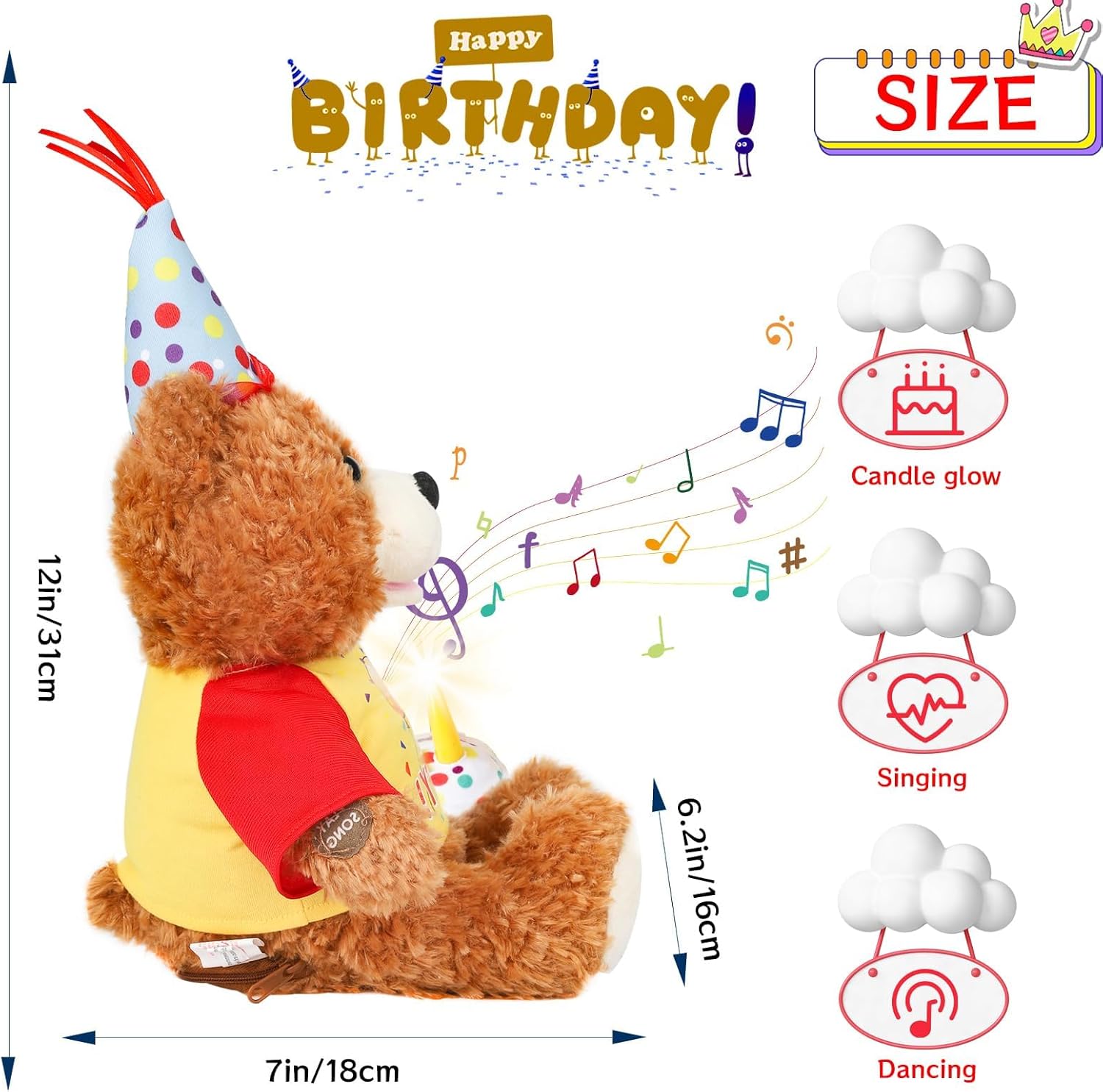 Singing Dancing Teddy Bear with Light Up Candle Playing Happy Birthday Song – Musical Interactive