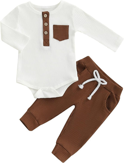 fhutpw Baby Boy Clothes 3 6 12 18 Months Ribbed Knitted Long Sleeve Romper and Pants Sets Newborn