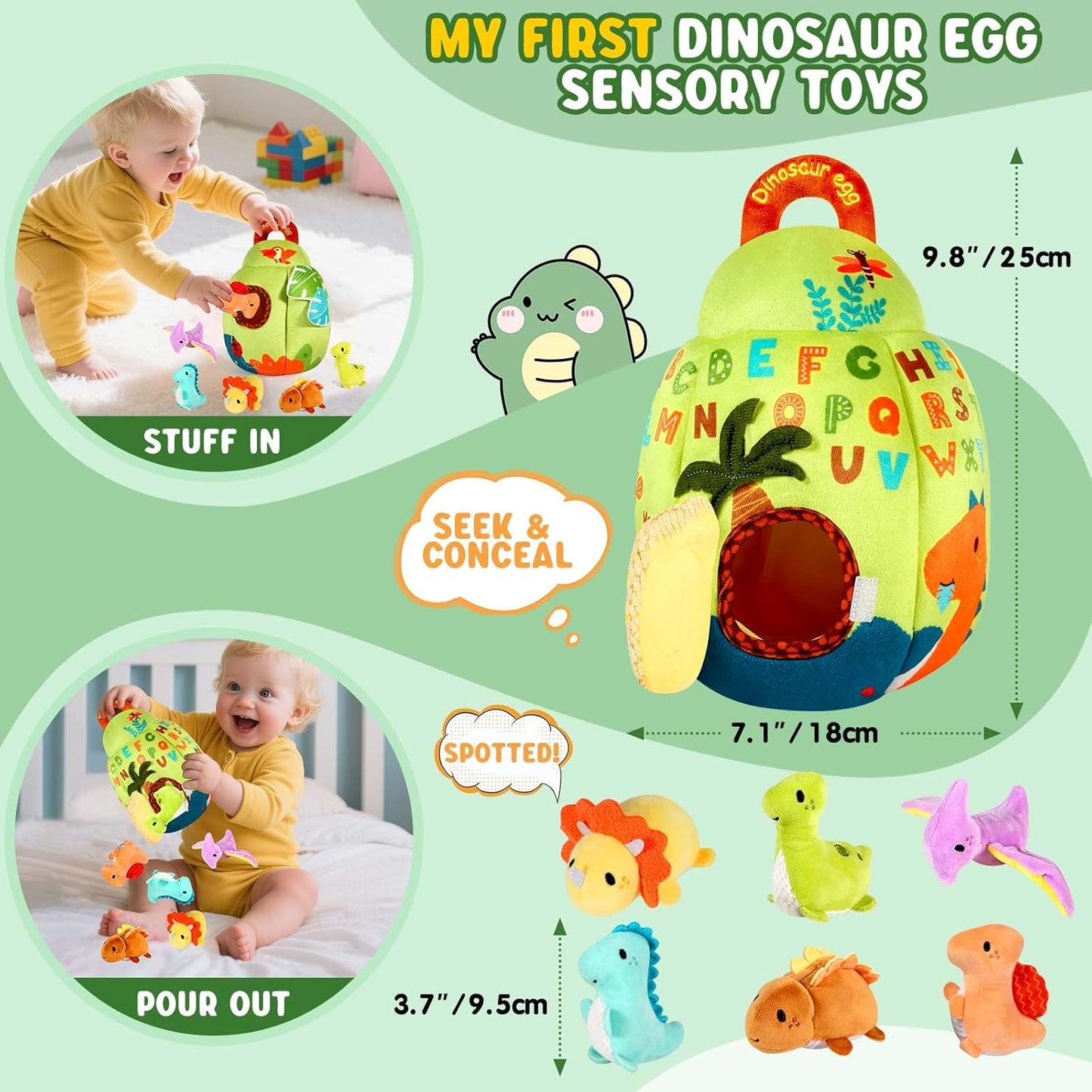 Baby Toys 6-12 Months - Soft Dinosaur Egg Toy with Rattle, Crinkle Paper, Squeaker, Mirror - Baby