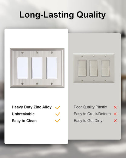 2-Pack Decorative Tripple Decorator Outlet Cover Plate, Durable Zinc Alloy Brushed Nickel Wall
