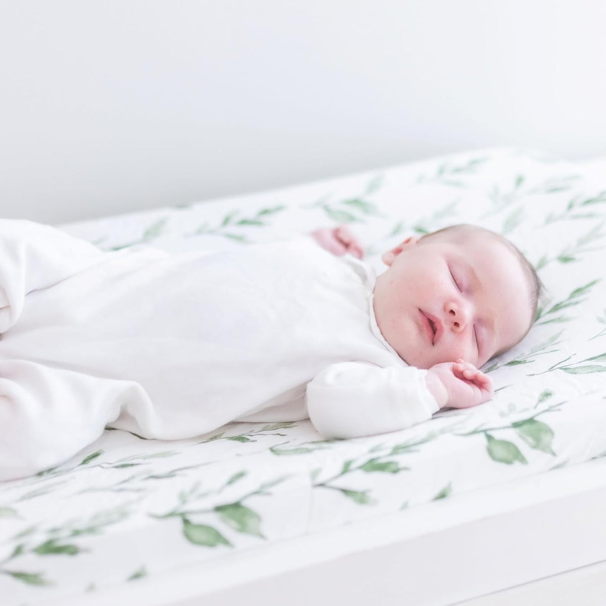 Crane Baby Green Leaf, Quilted Changing Pad Cover, 100% Cotton Sateen, 16in X 32in, Fitted with
