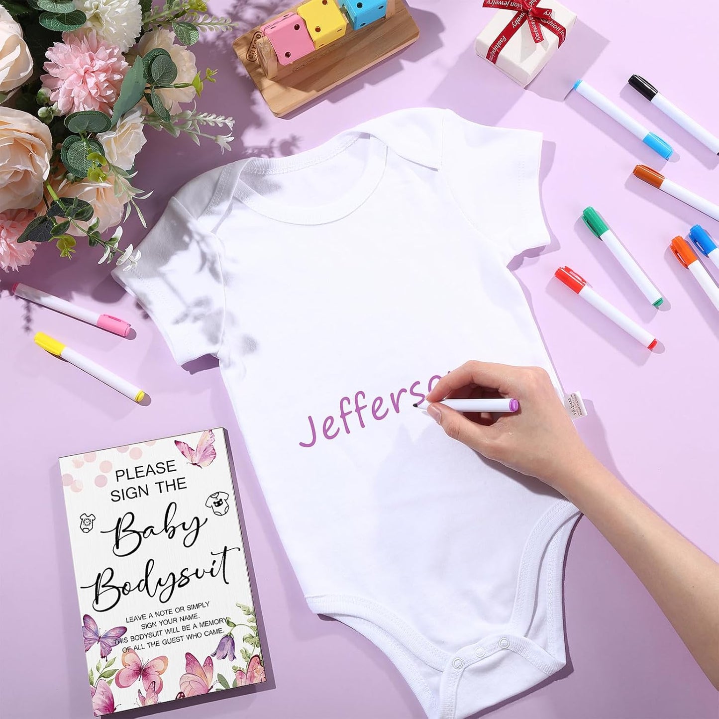 Qunclay 12 Pcs Baby Bodysuit Baby Shower Game Include 1 Game Wooden Sign Tabletop Decor 1 White