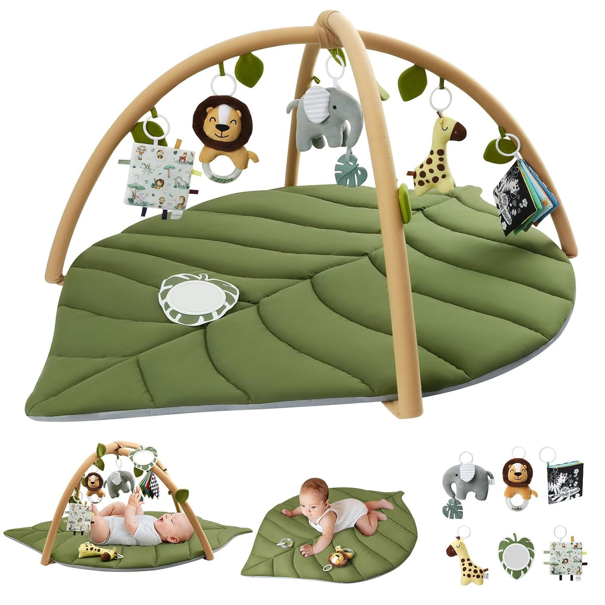 Blissful Diary Baby Play Gym & Activity Mat, Oversize Leaf Shaped Baby Play Mat w 6 Detachable