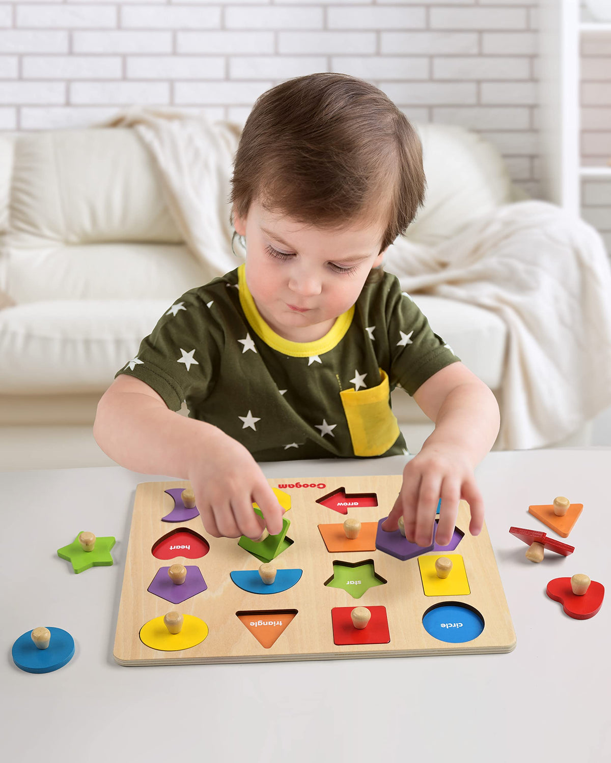 Coogam Montessori Toy Wooden Shape Peg Puzzle, Fine Motor Color Matching Sorting Board, Early