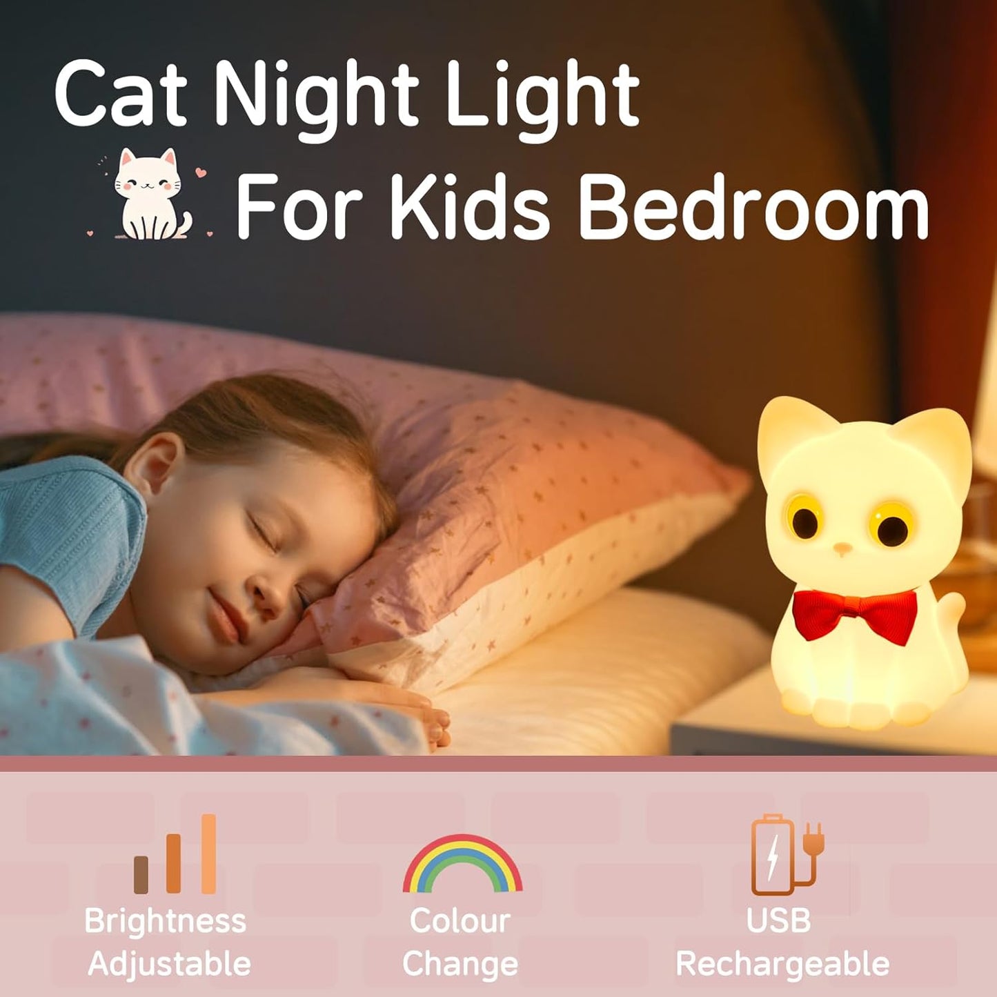 Kitty Cat Night Light for Kids, Cute Cat Lamp Portable Silicone Animal Nightlight Rechargeable